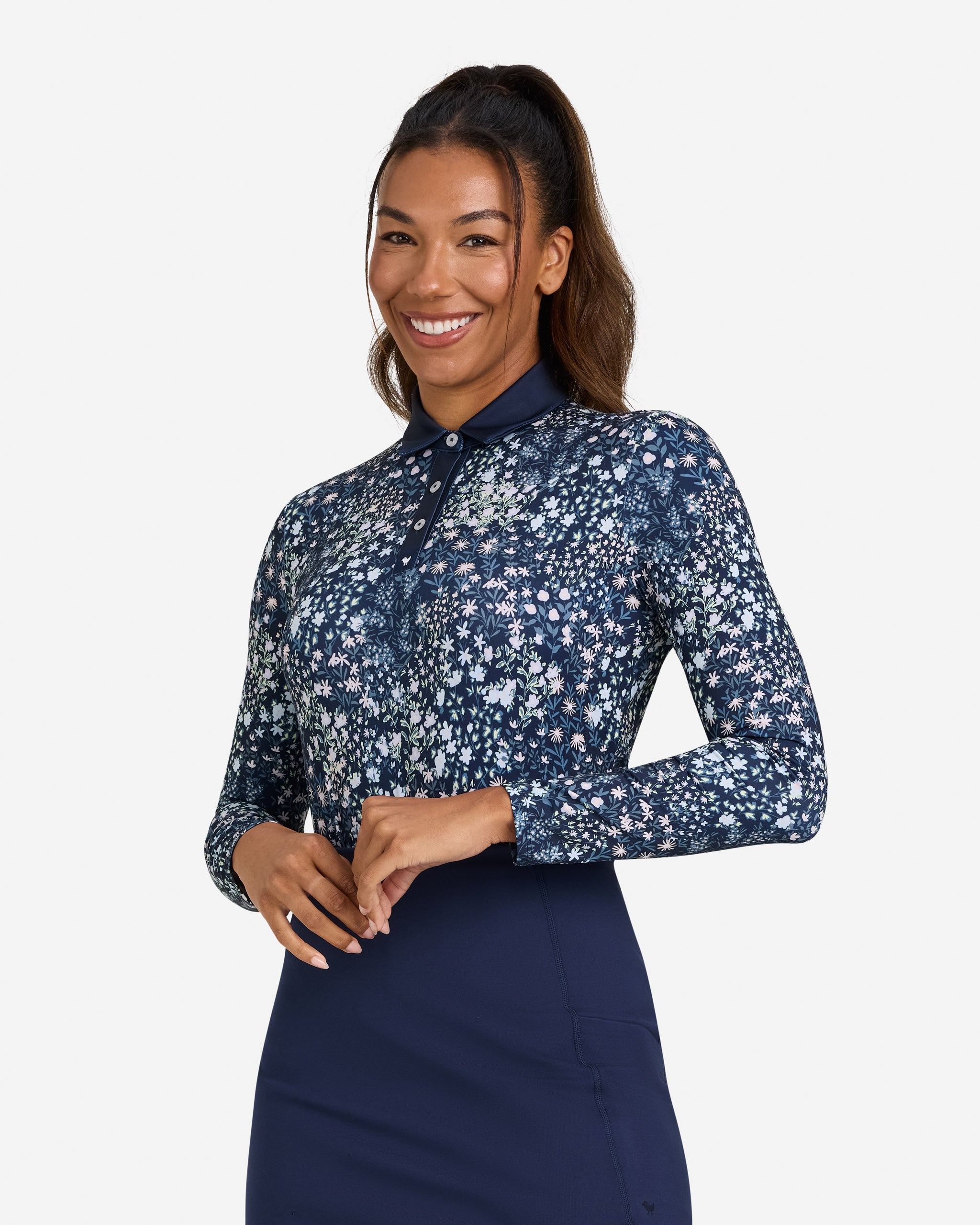 Long Sleeve Polo - Super Duper Bloom - Dark Navy-Women's Polo-Bad Birdie